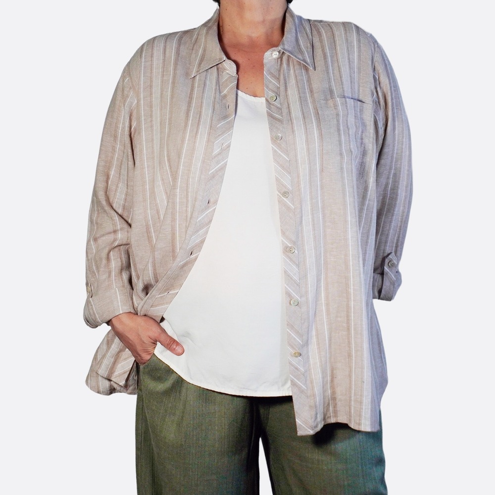 Susan Graver Linen Blend Striped Shirt Tan Beige Roll Tab Plus 1X 2X Neutral NWT